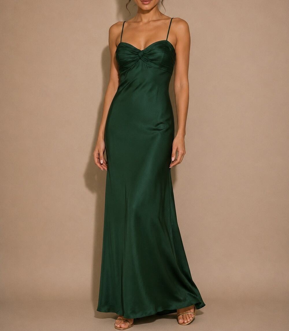 Monique Lhuillier Green Silk Satin Maxi Slip Gown Dress Size 8 Made in USA